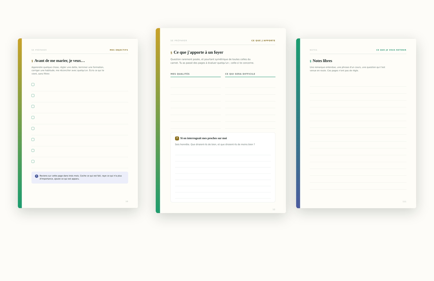 Pages d'objectifs, de bilan personnel et de notes libres